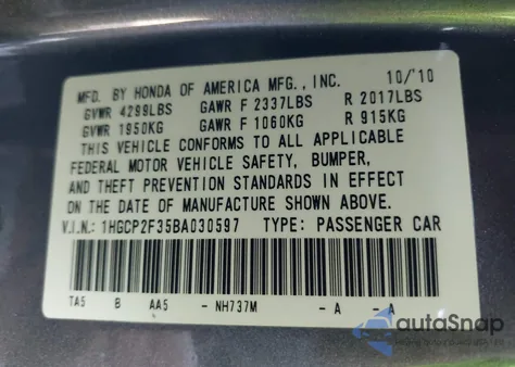 2011 Honda Accord 2.4 Lx from USA, damaged, VIN 1HGCP2F35BA030597